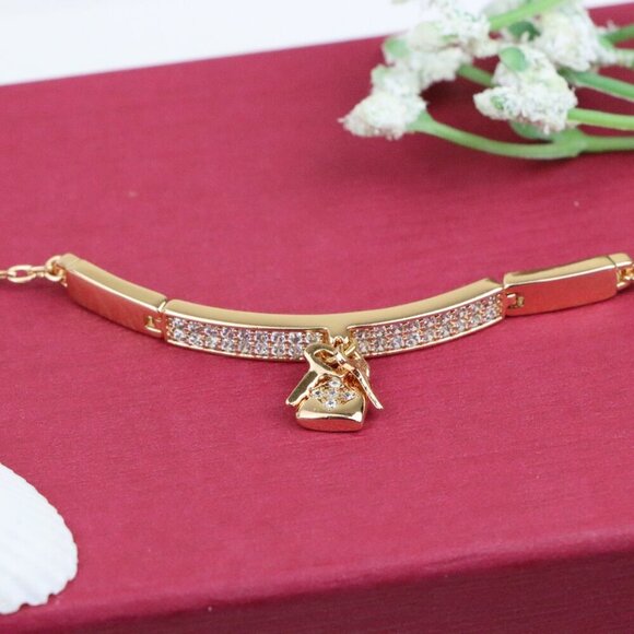 Rose Gold Bracelet with Lock Charm and Crystal Paved Center Bar, XPBL0723 - Picture 11 of 11